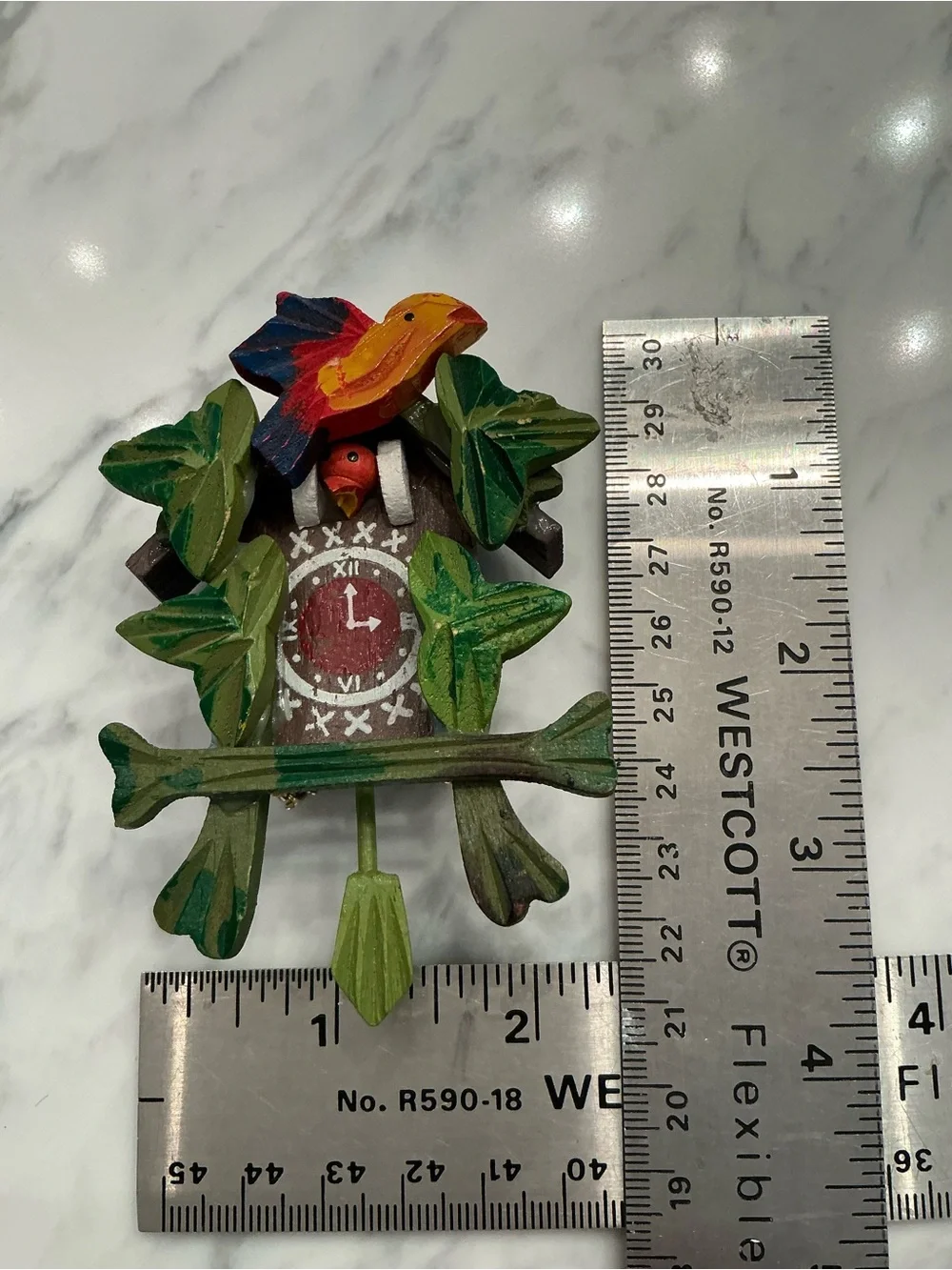 Hand-Painted Miniature Wooden Bird Cuckoo Wall Decor in Green & Red